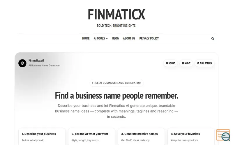 Screenshot of Finmaticx AI Business Name Generator