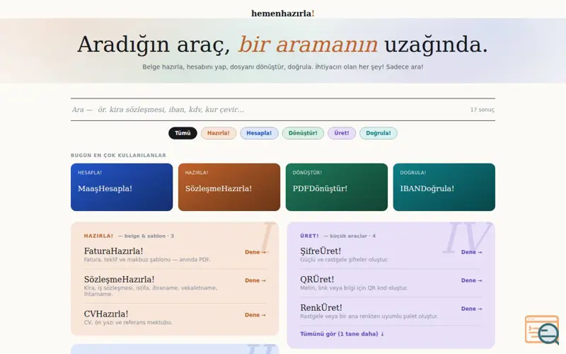 Screenshot of free Turkish document/calculator tools, a launch using Natro Email