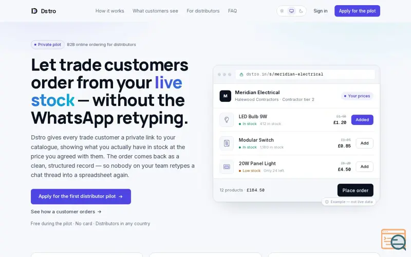 Screenshot of Dstro · Distributor and supplier order automation