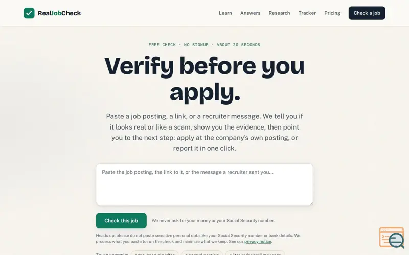 Screenshot of Real Job Check