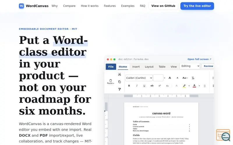 Screenshot of Embeddable Word-compatible editor