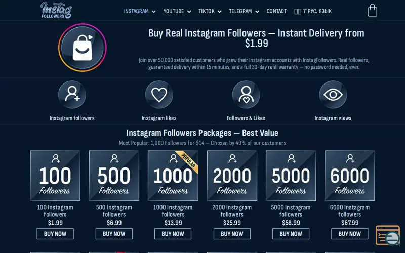 Screenshot of InstagFollowers.shop