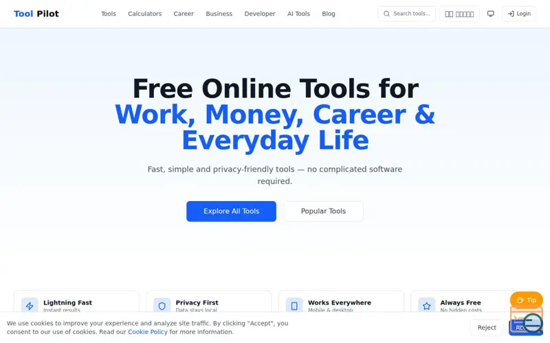 Screenshot of ToolPilot – Free Online Tools for Work, Money, Career & Everyday Life