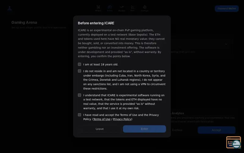 Screenshot of PvP Esports Arena and Onchaine, a launch using Coinbase Base SDK