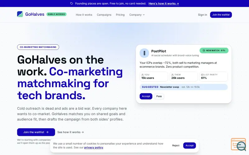 Screenshot of GoHalves, a launch using Toolquix