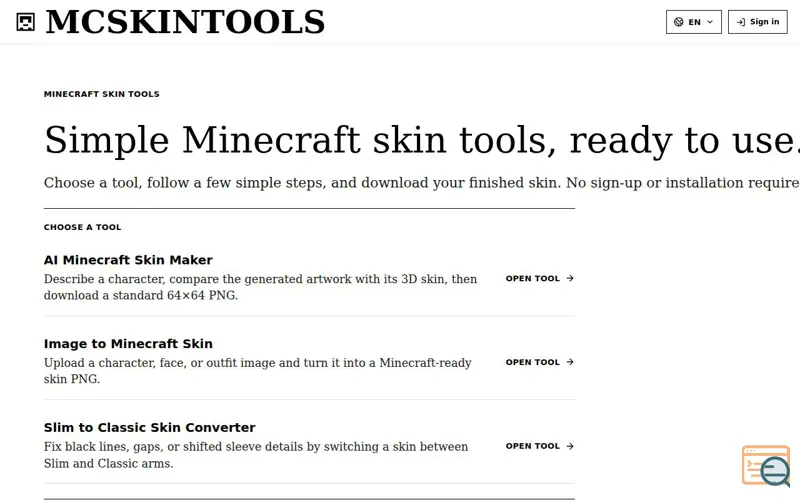 Screenshot of Free Minecraft Skin Tools | MCSkinTools, a launch using PickApps