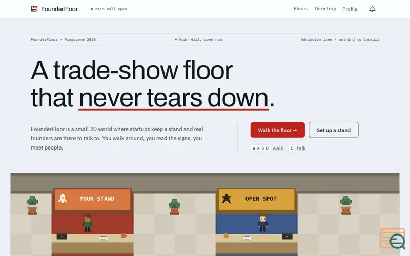 Screenshot of FounderFloor — a walkable expo for startups