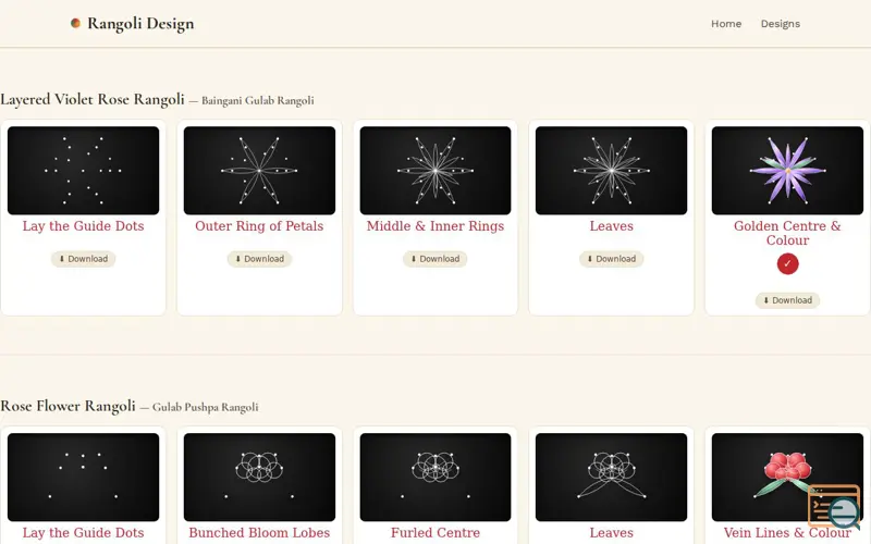 Screenshot of Rangoli Design — Step-by-Step Rangoli & Pookalam Patterns
