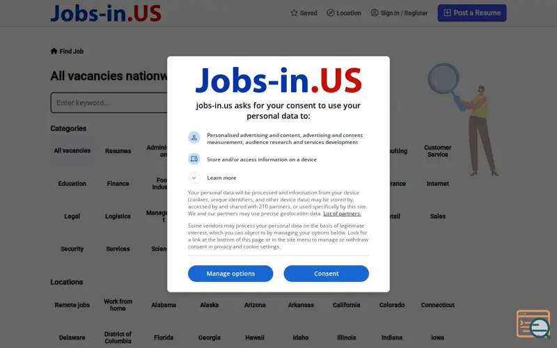 Screenshot of Jobs in US, a launch using Osclass