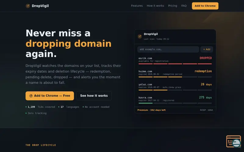 Screenshot of DropVigil Domain Drop
