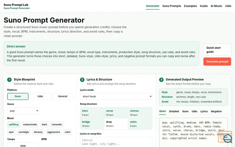 Screenshot of Suno Prompt Generator