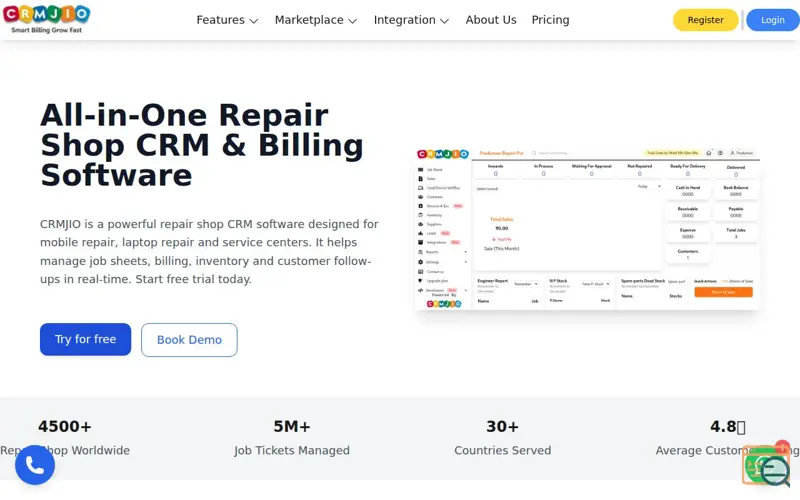 Screenshot of Repair Shop CRM Software with Billing