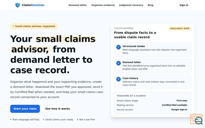 Screenshot of Small Claims Advisor & Case Preparation | ClaimResolver
