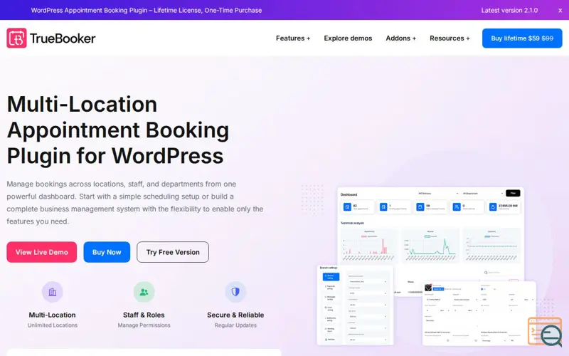 Screenshot of TrueBooker, a launch using Envato