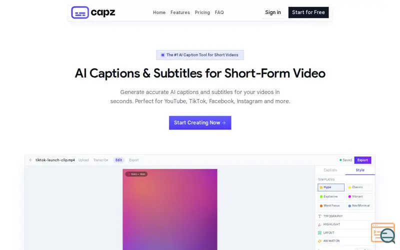 Screenshot of AI Caption Generator for TikTok, Reels & Shorts | Capz
