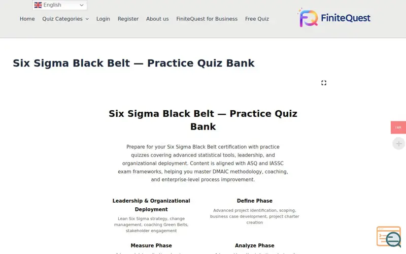 Screenshot of Six Sigma Black Belt — Practice Quiz 
