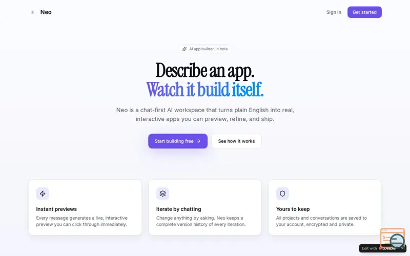 Screenshot of Neo — Build apps by describing them