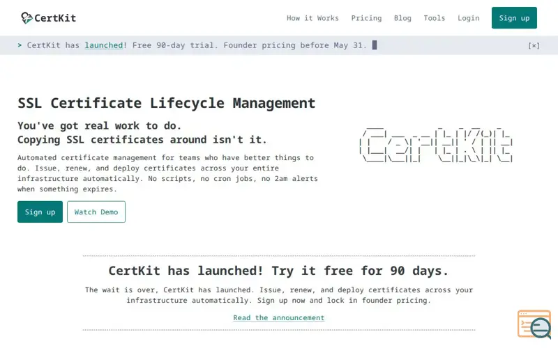 Screenshot of CertKit, a launch using PicoCSS