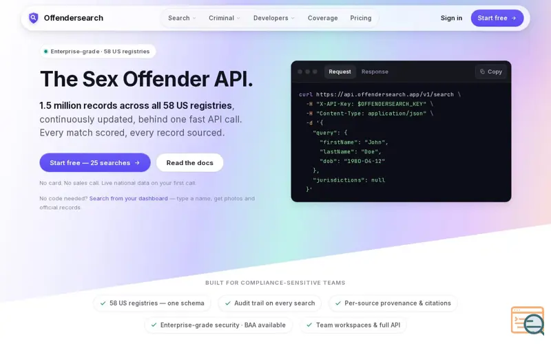 Screenshot of Offendersearch — The Sex-Offender Search API for Enterprise · Offendersearch