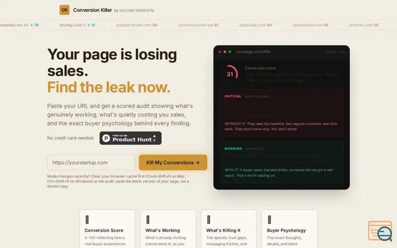 Screenshot of Conversion Killer - Free Landing Page Audit | Find What's Killing Your Sales