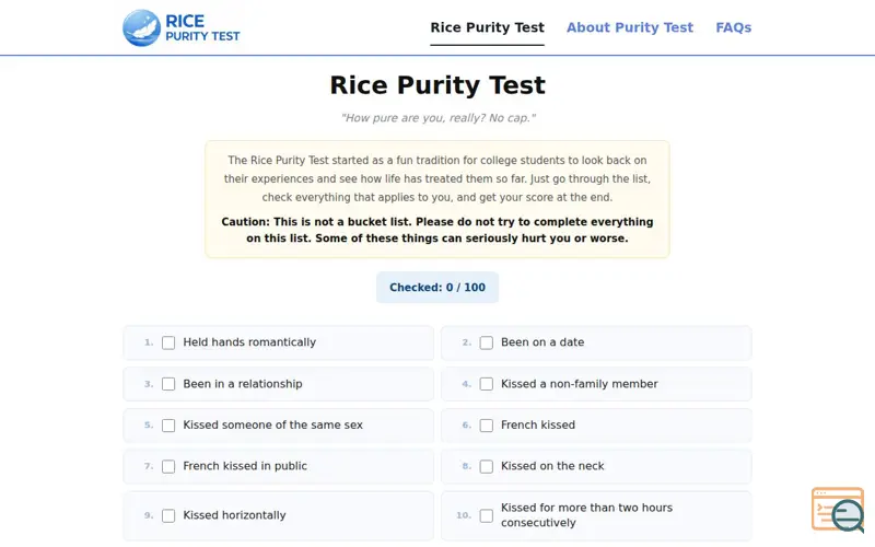 Screenshot of RICE PURITY TEST