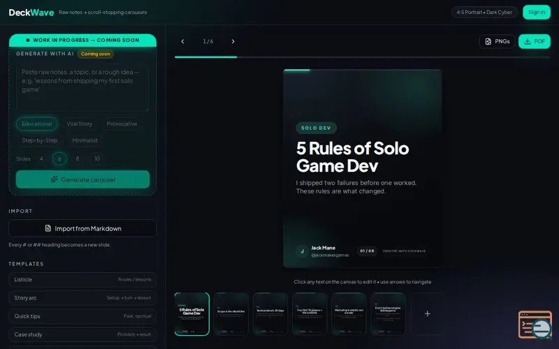 Screenshot of DeckWave — Turn raw notes into carousels