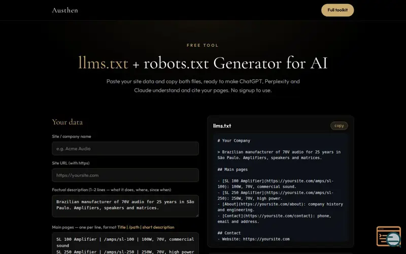 Screenshot of llms.txt Generator for AI