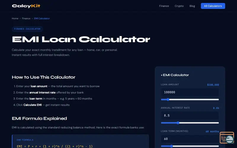 Screenshot of Free EMI Calculator — Home, Car & Loans