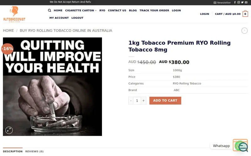 Screenshot of Australia tobacconist