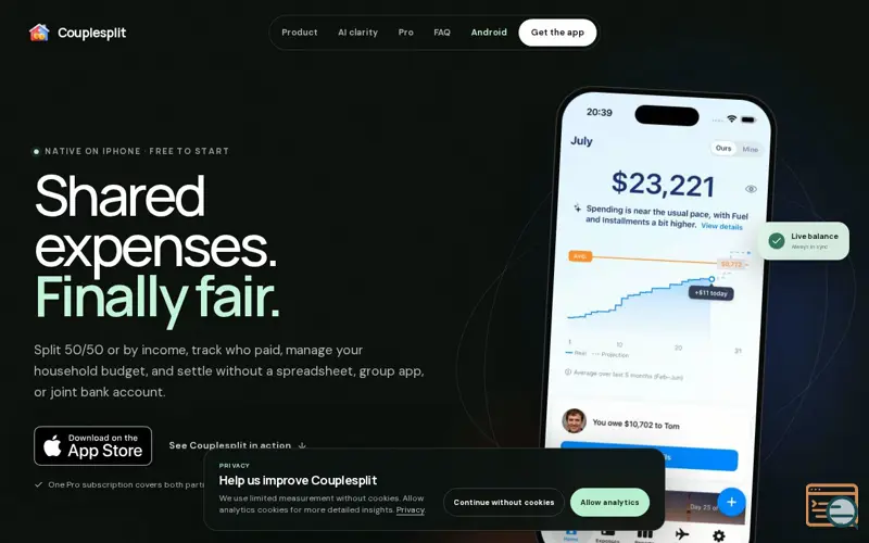 Screenshot of Couplesplit: Shared Expenses & Budget App for Couples