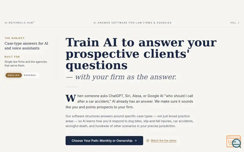 Screenshot of AI Referrals—Train AI to Cite Your Firm
