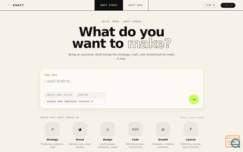Screenshot of Kraft — what do you want to make?