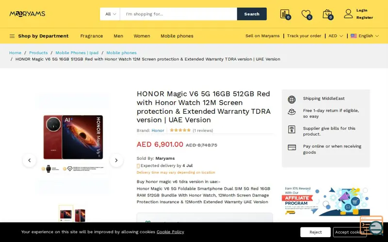 Screenshot of Maryams.ae | HonorMagic V6 | UAE Version