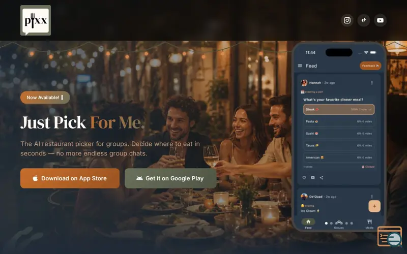 Screenshot of Pixx AI Restaurant Picker for Groups. 