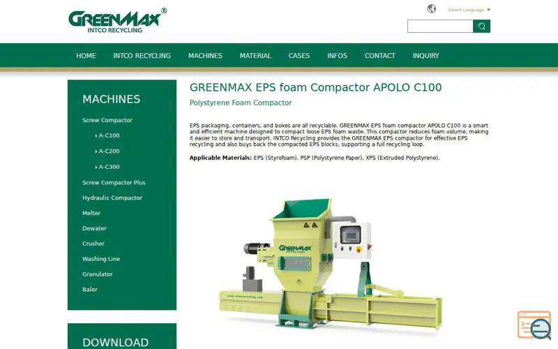 Screenshot of GREENMAX EPS foam Compactor APOLO C100