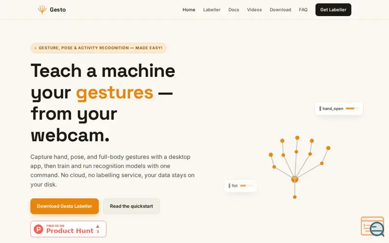 Screenshot of Gesto — capture, train, and detect gestures