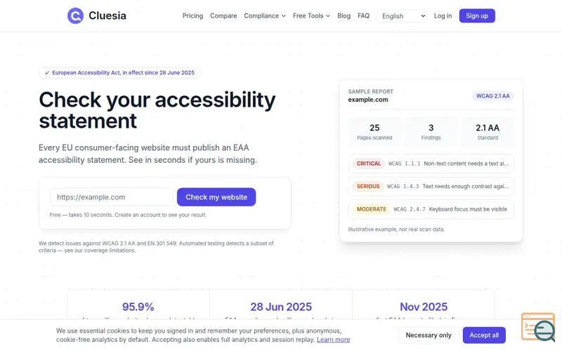 Screenshot of Free EU Accessibility Statement Checker — Cluesia
