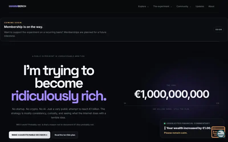 Screenshot of IWANNABERICH — I'm trying to go from €0 to €1 billion in public.