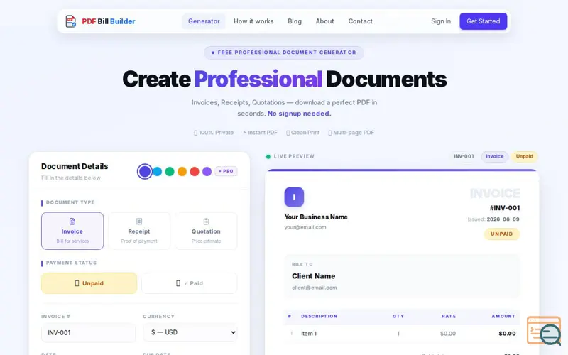 Screenshot of PDF Bill Builder