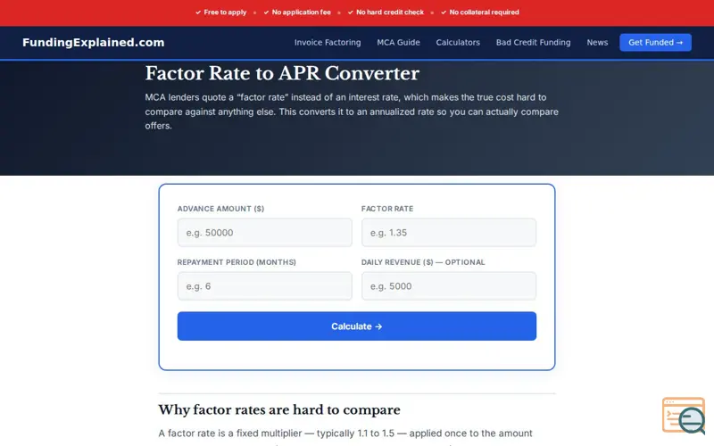 Screenshot of MCA Factor Rate Calculator