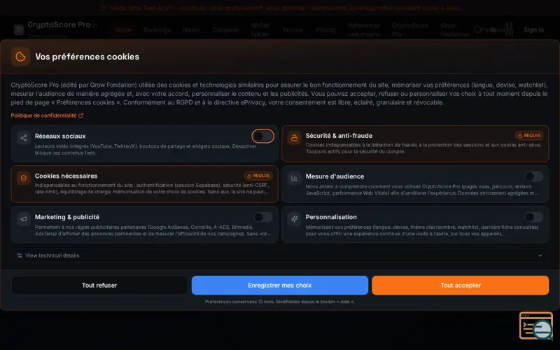 Screenshot of CryptoScore Pro, a launch using Coinzilla