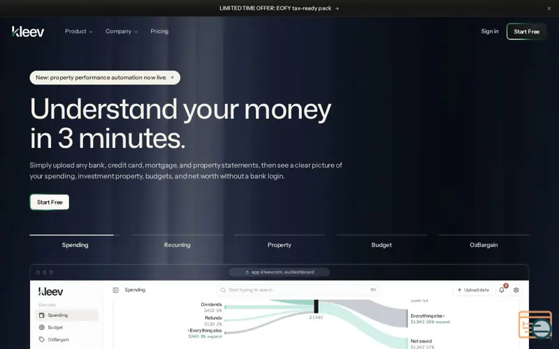 Screenshot of Kleev · Every cent of your finances, decoded.