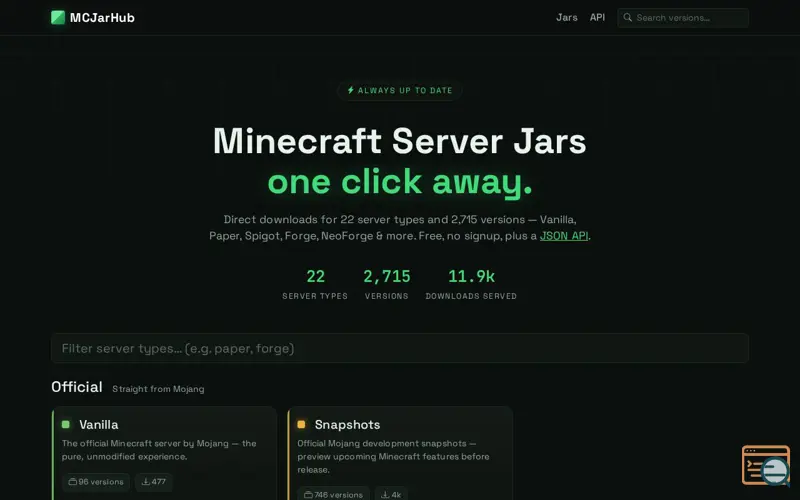 Screenshot of Download Minecraft Server Jars — Vanilla, Paper, Spigot, Forge & more — MCJarHub