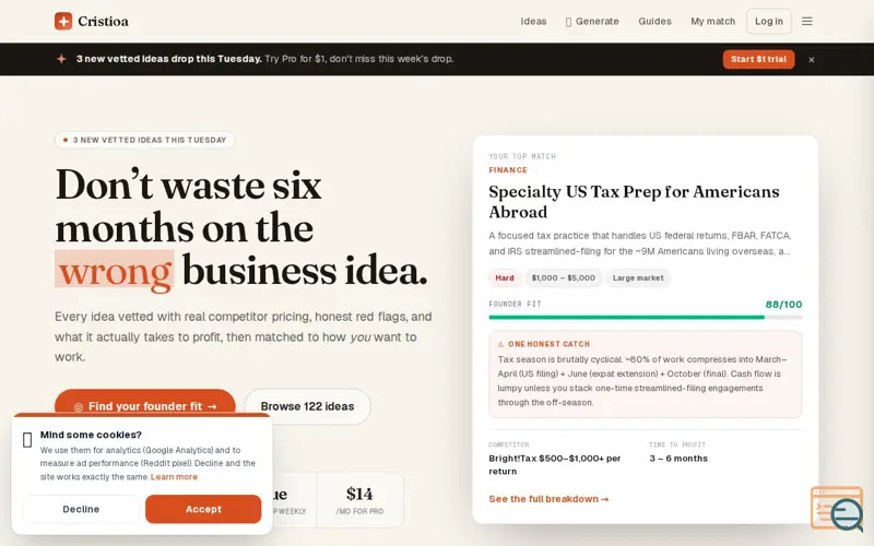 Screenshot of Cristioa — Curated Business Ideas