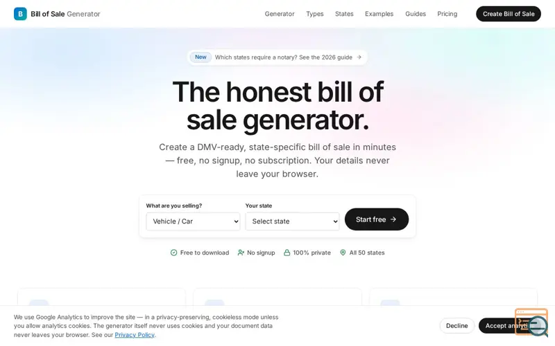 Screenshot of Bill of Sale Tool