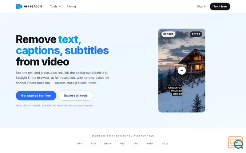 Screenshot of erase.tools — Remove Text From Video
