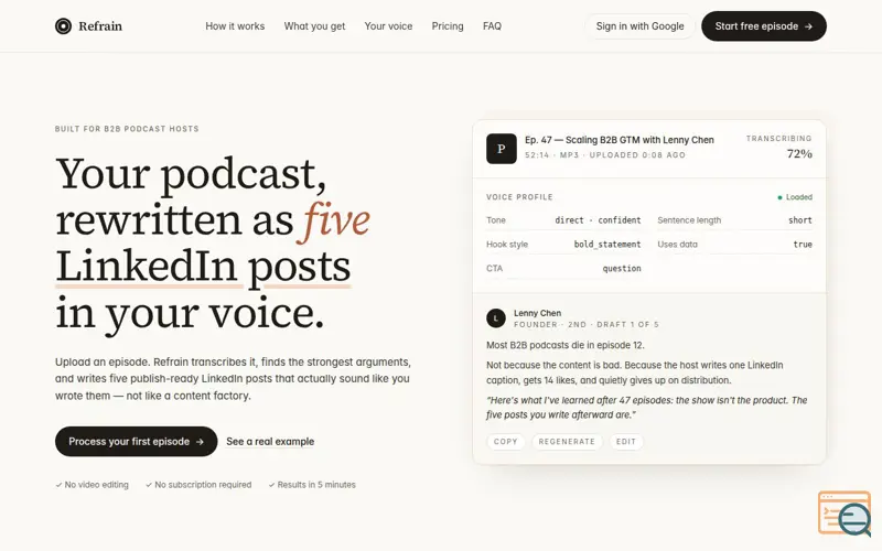 Screenshot of Turn podcast intoLinkedIn posts in voice