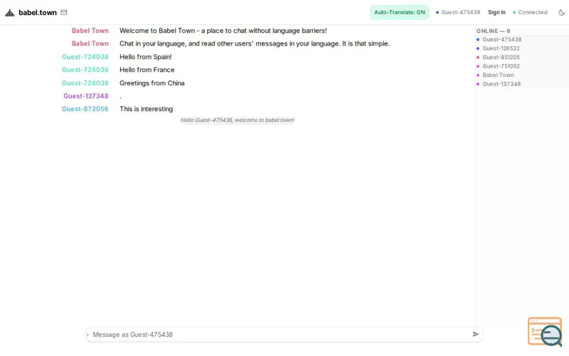Screenshot of babel.town — Chat with the World
