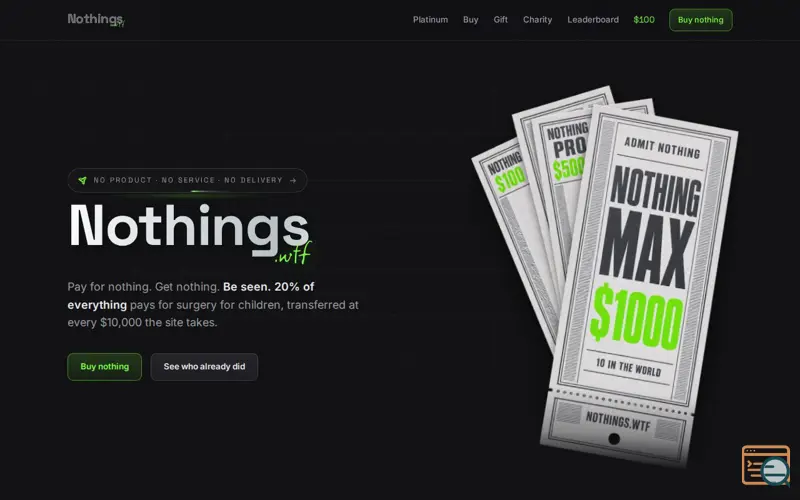 Screenshot of nothings.wtf, a launch using Joker.com