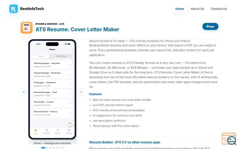 Screenshot of ATS Resume: Cover Letter Maker